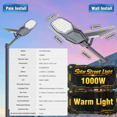 Solar Light Outdoor Lampu Solar Jalan Taman Street Light Super Bright Super Power LED Lamp Waterproof 170KW IP67 Aluminium casing Warm White