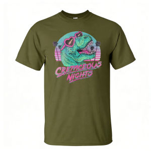 [Local Stock] HBESTY  Cretaceous Nights Retro Dinosaur Heart Sunglasses Palm Tree Men Summer Cotton T Shirt Vintage 80s Beach Casual Holiday Wear Tee