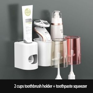 Drainage Toothbrush Holder with Toothpaste Dispenser Set Wall Mounted Punch Free Toothbrush Holder Toothbrush cup for couples