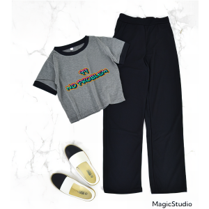 JOY Setelan Crop Remaja Usia 11-16 Tahun List Hitam Dan Celana Kulot 99 No Problem