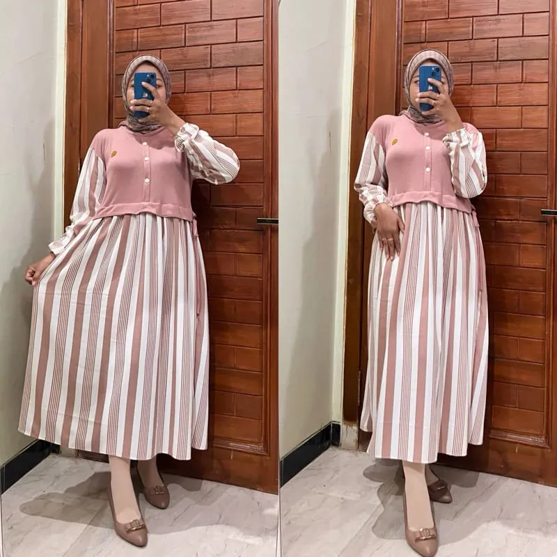 MIDI DRESS TERBARU BAHAN CRINGKLE KOMBINASI KNIT RIB PREMIUM TERBARU MOTIF  SALUR TRENDY MASA KINI | Lazada Indonesia