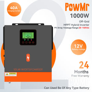 PowMr 1KW 12V Biến tần năng lượng mặt trời lai 230Vac Điện áp khởi động PV 20Voc Bộ điều khiển sạc năng lượng mặt trời 80A MPPT tích hợp Biến tần sóng sin tinh khiết tự động 50/60Hz