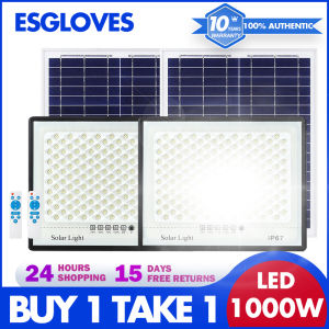 ESGLOVES 1000W LED Solar Floodlight IP67 Waterproof Outdoor Lighting with Remote Control and Resin Tempered Glass