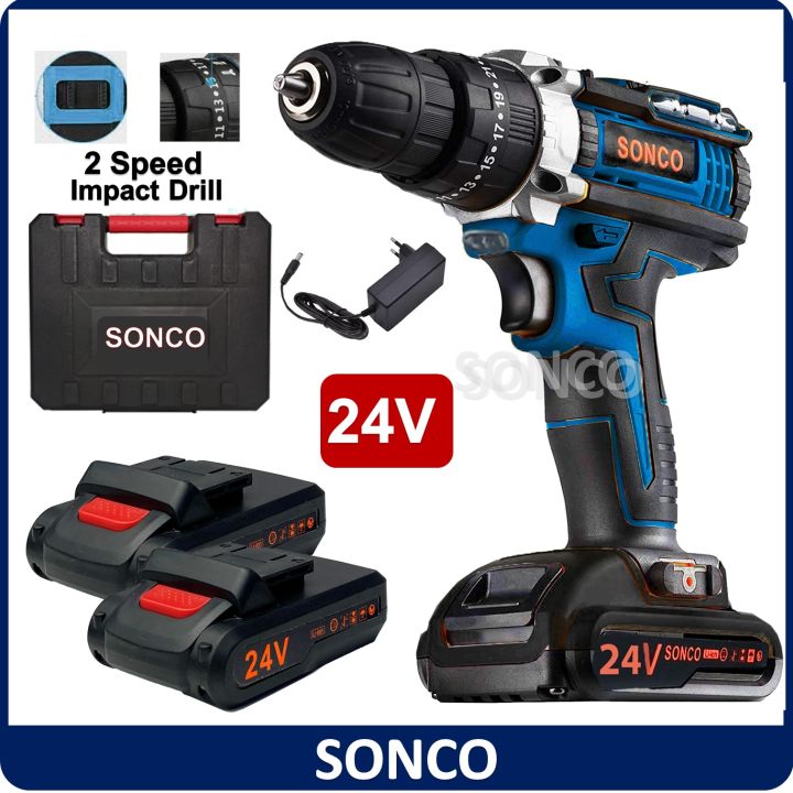 SONCO 24V Cordless 2 Battery Electric Hammer Drill Impact 2 Speed Torque Set 3 MODE AIGU