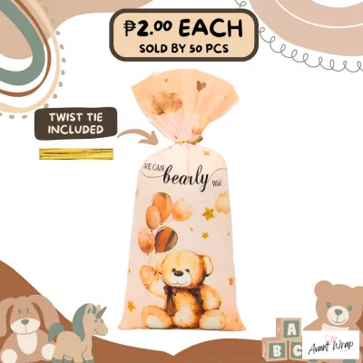 (50PCS) GG2014 Teddy Bear 12X27 CM Baby Shower Goodie Bags Party Candy Treat Loot Bag with Tie