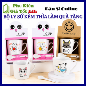 Bộ Ly Sứ Có Quai Họa Tiết Hoạt Hình Dễ Thương Kèm Thìa Sứ Và Hộp Đựng Làm Quà Tặng - Cốc Sứ Kèm Muỗng Hoạt Hình Cute - Cốc Uống Nước Trà Sữa - Ly Tách Uống Cà Phê