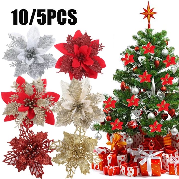 【lightingeverthing】5/10pcs 12/13/14cm Big Flower Head Glitter Artificial Silk Flower Christmas