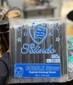 sedotan plastik hitam steril hygienis food grade selindo atau universal 6mm 1 sisi runcing kopi juice teh jus 20 cm isi 250 batang