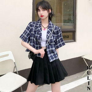 RULINWOODS เบลเซอร์แขนสั้น blazer crop สูทเกาหลีหญิง เสื้อคลุมผู้หญิง เสื้อแจ็คเก็ตผู้หญิง เสื้อสูทครอป