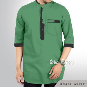 Kurta Katun Toyobo Pria Modern Gaya Malaysia Lengan 3/4 - Warna Polos Premium