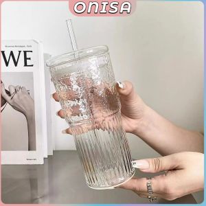 Onisa 550ml Glass Water Cup with Straw and Lid Juice Milk Tea Coffee Cold Cup Creative Glass Drink Mug