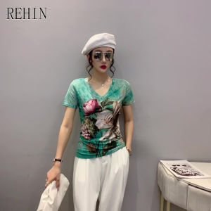 REHIN Womens top Summer fashion mesh print floral short-sleeved T-shirt V-neck slim and thin elegant S-3XL blouse