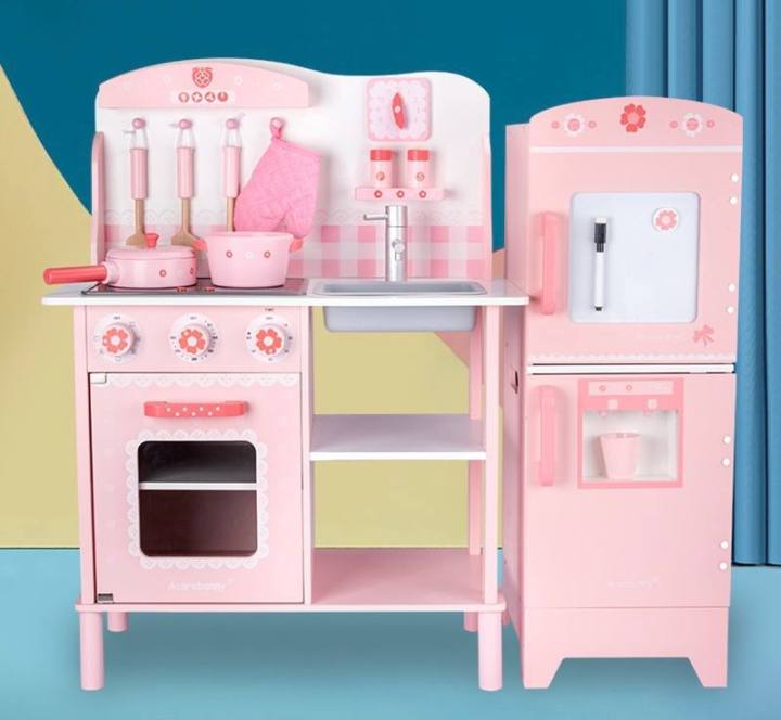 Toy Kitchen With Ice Maker ROBOTIME Wooden Toy Kitchen Fridge - Play Refrigerator With Ice Maker For Kids 3 Kids Pretend Play Kitchen