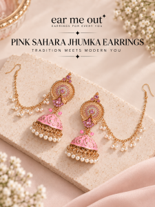 [SG] Pink Sahara Jhumka Earrings | Gold-Tone Jhumka with Ear Chain | Pearl & Crystal Statement Earrings | Festive Wedding Jewellery | ear me out (EMO-266)