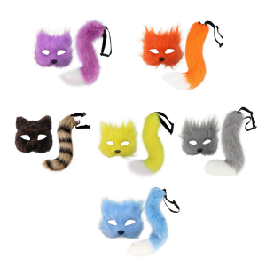 Foxes Costumes Cosplay Foxes Mask Cats Half Face Mask Foxes Tail Set Halloween Animal Fancy Costume Accessories Kit
