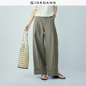 Giordano Women Pleated half elastic waist wide leg pants Free Shipping 18416007