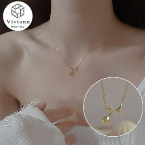 Viviann Small Rose Necklace S925 Sterling Silver Retro French Temperament Jewelry Clavicle Chain Trendy Fine 14K Real Gold Chain Pendant Necklace for Women Jewelry Shiny AAA Zircon Wedding Gift
