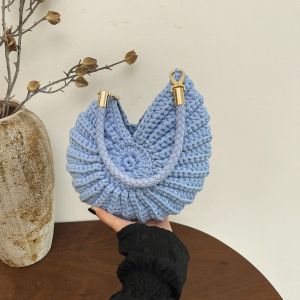 MI LI Korean Style Conch Knitted Bag Braided Shell Weave Crochet Tote Bag Sweet Hollow Out Pearls Chain Crossbody Bag Ladies/Girls
