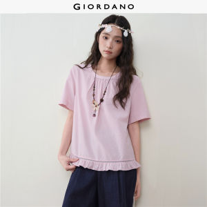 Giordano Women Lace inset ruffle hem short sleeve blouse Free Shipping 18346608