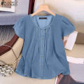 ZANZEA Women Fashion Crew Neck Shirt Button Up Raglan Sleeve Pleated Solid Color Top #0616. 