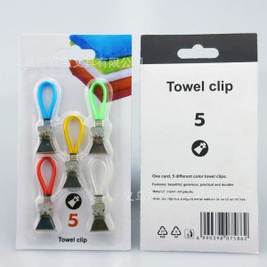 5 Pieces Set Metal Towel Clip Bath Towels Clips Beach Pegs Clip with Colored Rope
