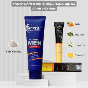 Combo Ngừa Mụn Trắng Da Dành Cho Nam Chiết Xuất Tràm Trà Rau Sam Bùn Khoáng (Gel mụn M2 + SRM Faceplus) Chính Hãng