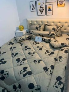 (Siêu đẹp) 🍒 Trọn bộ 5 món ga gối chăn phao dày poly cotton nhiều mẫu mới (gạt trái xem thêm mẫu mền đắp mùa đông) Mẫu Chuột mickey xám