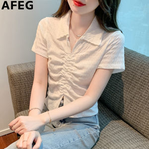 AFEG new Korean version lapel short style pleated fashion slim short-sleeved blouse for women