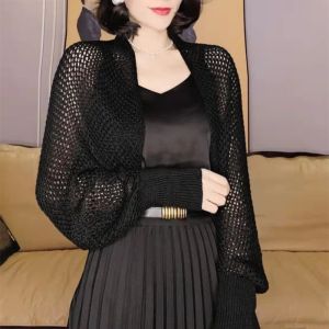 YESMILE Hollow Ice Silk Shawl Elegant Luxury Long Sleeve Smock Top Trend Simple Sunscreen Crop Knit Cardigan