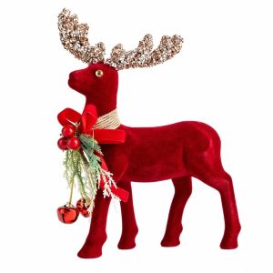 FANME Shiny Antlers Christmas Elk Figurine Flocking Texture Exquisite Glitter Bowknot Deer Holiday Tabletop Decoration Scarlet Shade Xmas Reindeer Statue Home Decorators