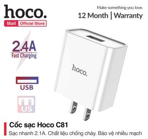 Củ sạc nhanh CHÍNH HÃNG Hoco C81 Tự Ngắt Thông Minh Khi Đầy Pin 1 Cổng USB 2.4A
