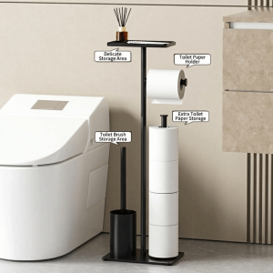 MINIAT With Tray Floor Standing Toilet Paper Holder Rustproof Removable Toilet Brush Stand Multifunctional Stainless Steel Bathroom Storage Rack Bathroom Organizer