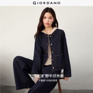 Giordano Beau Monde Women Topstitch double pockets round neck denim jacket Free Shipping 13376803