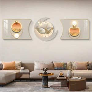 Modern 3 Panel Silent Quartz Clock Mural Set Combined Wall Art with Time Function Stylish Hanging Picture for Sala Background Wall Apartment Home Decoration