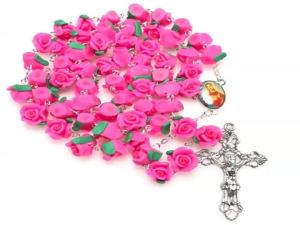 Kirilgu Soft Pottry Religion Rosary Necklace Rose Bead Hanging Pendant P7Q2M