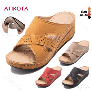 Atikota Womens 2022 Non-slip Plus Size Wedges Sandal Retro Hollow Stitching Sandals for Women