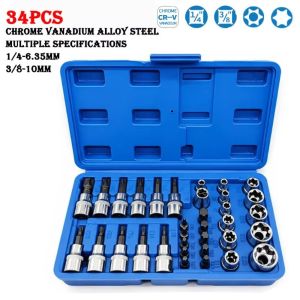 34 Pcs E Torx Bit Drive Set 1/4"3/8"E4-E20 E Torx Star Female Bit Socket Set