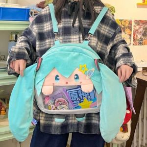 BIGCOUSIN โกจิเสมือนจริง กระเป๋า Hatsune Miku การ์ตูนลายการ์ตูน VOCALOID กระเป๋า ITA แฟชั่นสำหรับผู้หญิง น่ารักน่ารักๆ กระเป๋าเป้กำมะหยี่ Miku แฟน Miku
