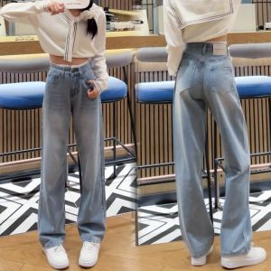 chen shop กางเกงยีนส์ผู้หญิงขายาวทรงกระบอก เอวแต่งลูกไม้ สไตล์เกาหลี คุณภาพสูง เนื้อผ้าดีระบายอากาศใส่สบ