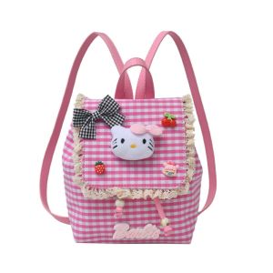 TINGTIAN Cartoon Plaid Kitty Drawstring Backpack Lace Polyester KT Cat School Bag Portable Japanese Style Women Bow Cat Bag Girls