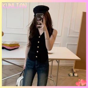 [KUNLIAN] French Retro Solid Color V-neck Single-breasted Sleeveless Knitted Vest For Women