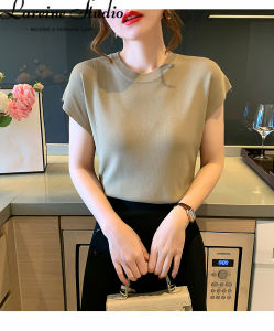 Lareine đồ dệt kim Lụa băng cho nữ áo ngắn tay hở vai màu trơn cổ tròn dáng rộng phong cách mỏng mùa hè