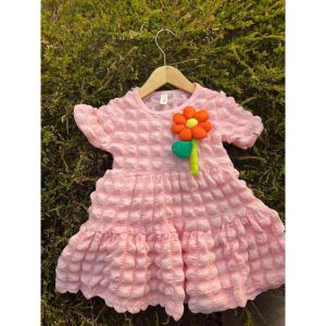 X-BABY Dress Anak Perempuan Lengan Pendek Crinckle Timbul Bunga O-Neck Korean Style 1-4 Tahun