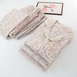 100% Cotton Pajamas Womens Spring and Autumn Pure Cotton Yarn Floral Cardigan Home Long-sleeved Trousers Set Pastoral Loungewear Manufacturer