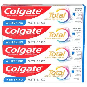 Colgate  Colgate Total Whitening Toothpaste 5.5  Ounce ( about  144.6  Gram )4  Pieces  Fluorine-Containing  Antibacterial  Suitable for dental plaque  Gingivitis  Sensitive  Decontamination  Clinically proven  Mint  Teeth Whitening  Fluorine-