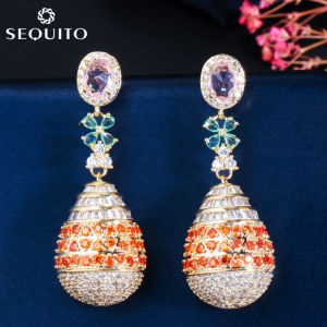 SEQUITO New Designer Hollow-out Design Long Water Drop Dangle Earrings Full CZ Gold Plated Luxury Wedding Party Jewelry for Women SE232