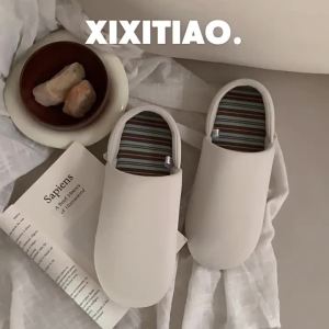 XIXITIAO Simple Fashion Striped Couple Silent Floor Shoes Indoor ins Casual mens and womens sweat-absorbing cotton slippers for autumn and winter