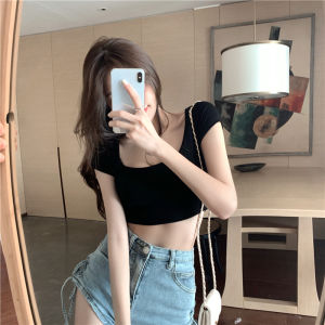FRAN Square Neck T-shirt Womens Short-Sleeved Summer Tight-Fitting Ultra-Short Net Celebrity High-Waisted Ultra-Short Leaking Navel All-Match Top Ins Super Hot COD