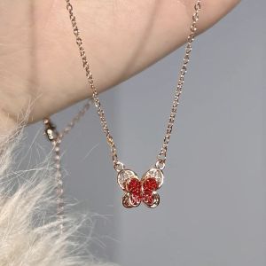 YZLong Delicate Butterfly Necklace with Red Enamel Pendant Elegant Chinese Style Jewelry for Women Cute and Romantic Design