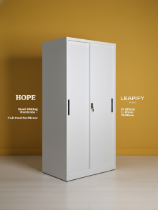 BETHEL | Sliding Steel Wardrobe with Elegant Granite Pattern and Full-sized mirror by Leapify Steel